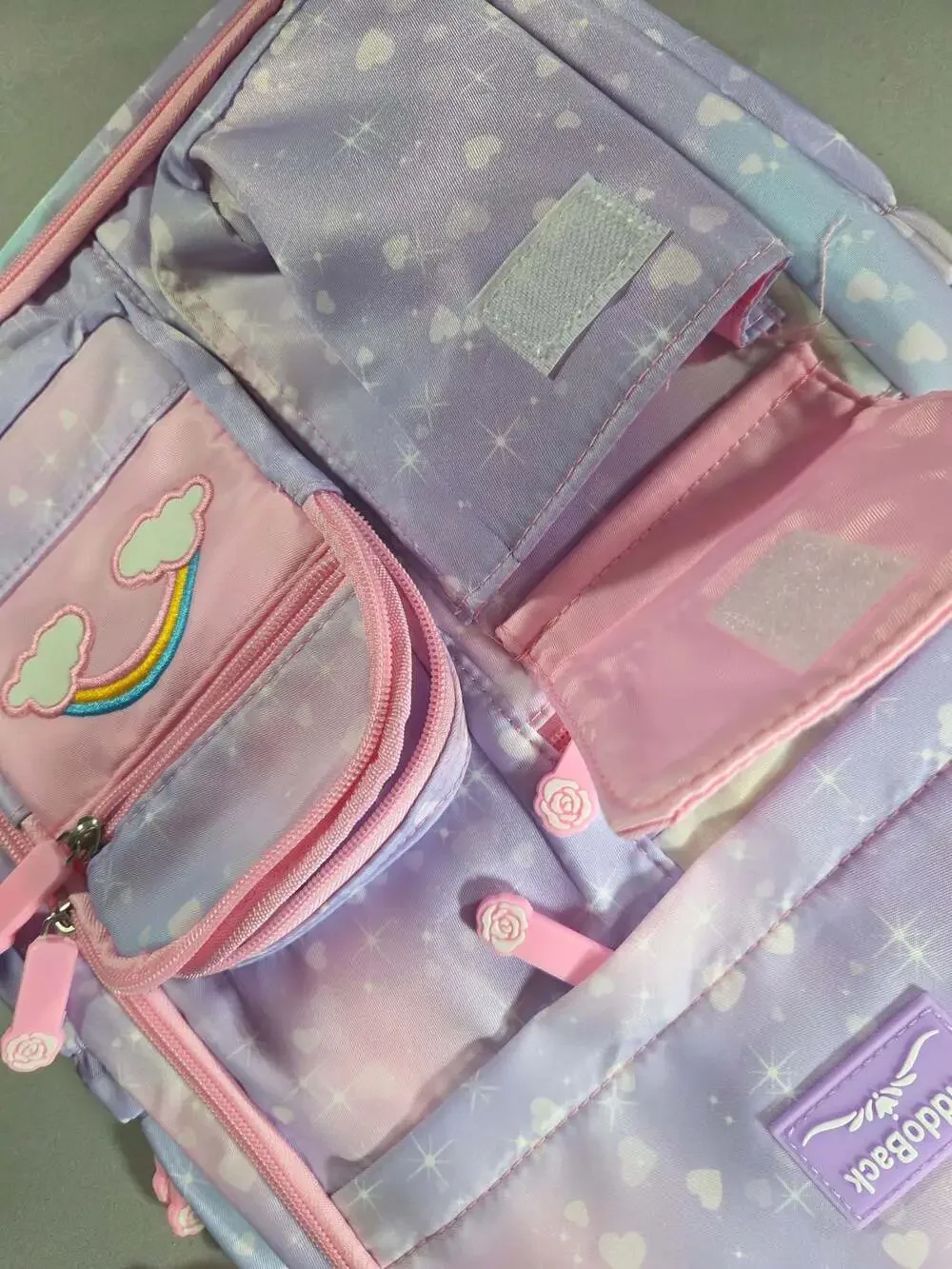 KiddoBack Girls Elementary School Backpack with Rainbow and Heart Pattern